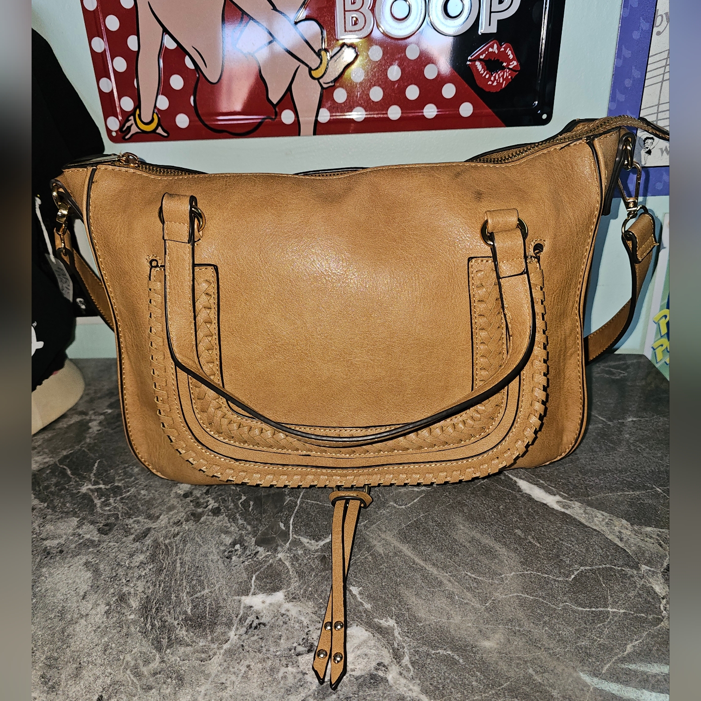 Mali + Lili Caramel Vegan Leather Satchel Braided Detail Handbag